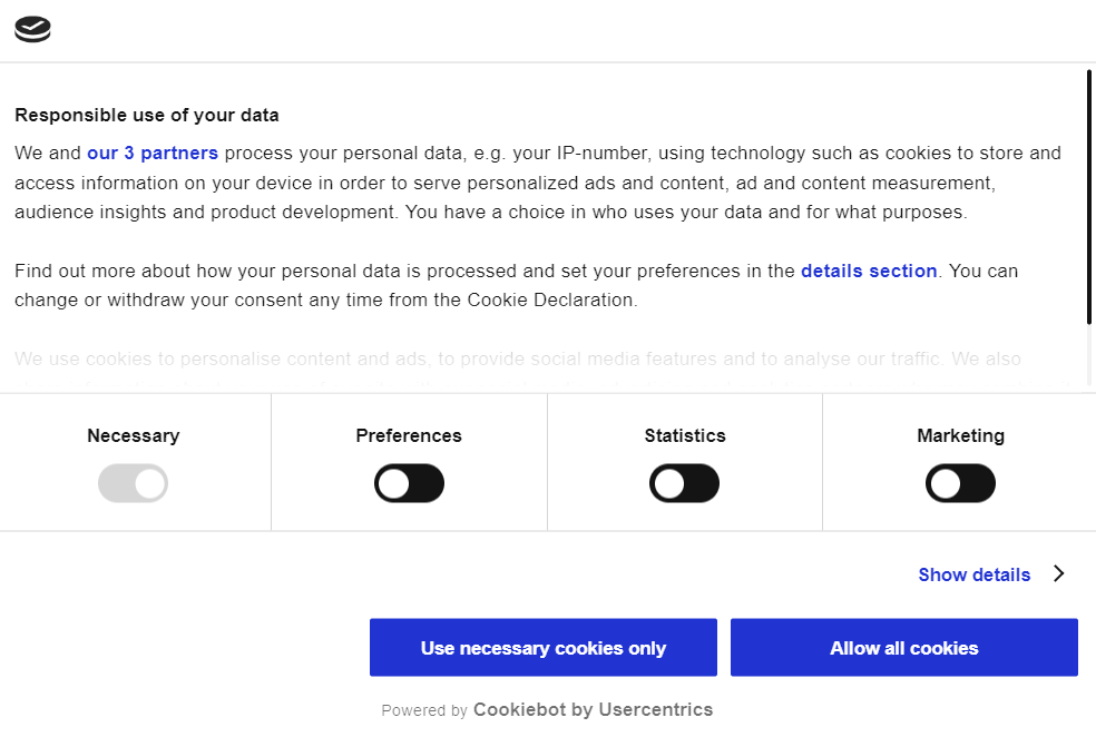 Cookiebot banner with TCF enabled and special feature disabled