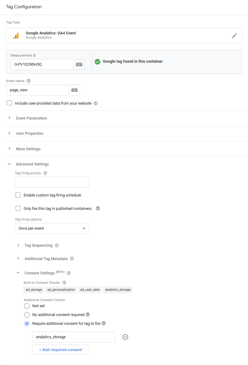Tag expanded with additional consent settings